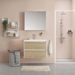 Tiger Reverse Meubelset 80 Cm Met 2 Lades Naturel Eik / Mat Wit Inclusief Quadro Wastafel Hoogglans Wit -Badkamerartikelen Winkel 123 1245