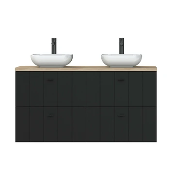 Tiger Maryport Badkamermeubelset 120 Cm Mat Zwart Met Licht Eiken Houten Wasblad, Keramische Opzetkommen En Matzwarte Grepen 6 Tiger Maryport Badkamermeubelset 120 Cm Mat Zwart Met Licht Eiken Houten Wasblad, Keramische Opzetkommen En Matzwarte Grepen - Afbeelding 4