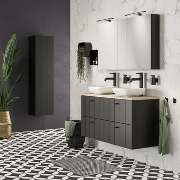 Tiger Maryport Badkamermeubelset 120 Cm Mat Zwart Met Licht Eiken Houten Wasblad, Keramische Opzetkommen En Matzwarte Grepen 11 Tiger Maryport Badkamermeubelset 120 Cm Mat Zwart Met Licht Eiken Houten Wasblad, Keramische Opzetkommen En Matzwarte Grepen - Afbeelding 9