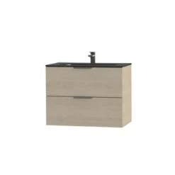 Tiger Studio Badkamermeubel 80 Cm Naturel Eiken Met Wastafel Polybeton Mat Zwart Greep Rvs Plat -Badkamerartikelen Winkel 123 822