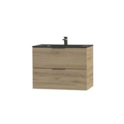 Tiger Studio Badkamermeubel 80 Cm Chalet Eiken Met Wastafel Polybeton Mat Zwart Greep Rvs Plat -Badkamerartikelen Winkel 123 98