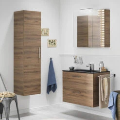 Tiger Studio Badkamermeubel 80 Cm Chalet Eiken Met Wastafel Polybeton Mat Zwart Greep Rvs Plat -Badkamerartikelen Winkel 123 99